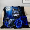 Contemporary Blue Wolf And Rose Floral Design Heavyweight Flannel Blanket Hand Wash Only, All Season Cozy Throw For Home Decor, Decorative Throw | Mystical Animal Theme | Detailed Craftsmanship, Cute Blanket