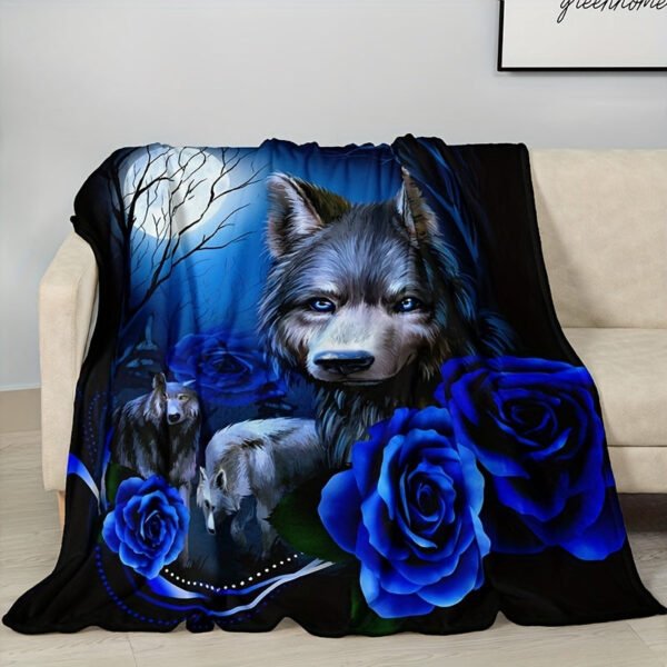 Contemporary Blue Wolf And Rose Floral Design Heavyweight Flannel Blanket Hand Wash Only, All Season Cozy Throw For Home Decor, Decorative Throw | Mystical Animal Theme | Detailed Craftsmanship, Cute Blanket