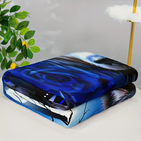 Contemporary Blue Wolf And Rose Floral Design Heavyweight Flannel Blanket Hand Wash Only, All Season Cozy Throw For Home Decor, Decorative Throw | Mystical Animal Theme | Detailed Craftsmanship, Cute Blanket