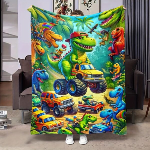 Cozy Dinosaur Truck Flannel Throw Blanket Versatile For All Seasons, Perfect For Naps & Car Use, Soft Polyester, Green