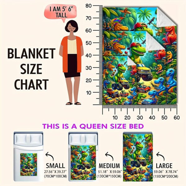 Cozy Dinosaur Truck Flannel Throw Blanket Versatile For All Seasons, Perfect For Naps & Car Use, Soft Polyester, Green