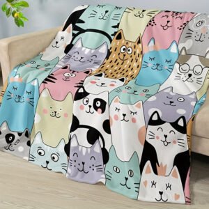 Rustic Style Cartoon Cat Faces Flannel Blanket High Gsm Soft Pastel Colors, Playful Animal Theme All Season Cozy Throw For Bed, Couch & Home Decor, Cat Blanket, Bed And Couch Accessory, Whimsical Design, Highquality Fabric