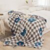 Half Fluffy Checkered Floral Blanket Soft Plush & Cozy All Season Throw For Sofa, Bed, Office Nap Green & White Grid With Pink Flowers Contemporary Home Decor, Throw Blanket For Couch