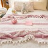 Double Color Jacquard Star Fleece Blanket With Pom Poms Soft Breathable All Season Bedspread, Geometric Pattern In Mixed Colors, Machine Washable Cottage Style Home Decor & Holiday Gift, Blanket For Bed, Cozy Bedroom Accessory