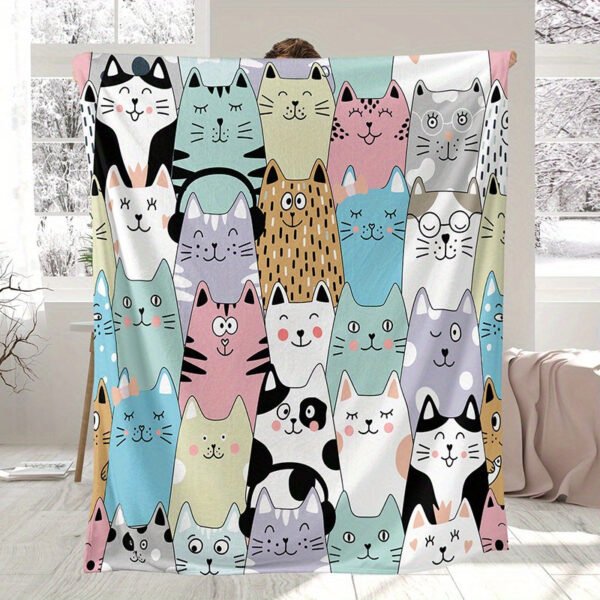 Rustic Style Cartoon Cat Faces Flannel Blanket High Gsm Soft Pastel Colors, Playful Animal Theme All Season Cozy Throw For Bed, Couch & Home Decor, Cat Blanket, Bed And Couch Accessory, Whimsical Design, Highquality Fabric