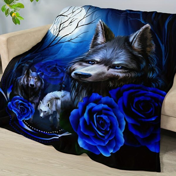 Contemporary Blue Wolf And Rose Floral Design Heavyweight Flannel Blanket Hand Wash Only, All Season Cozy Throw For Home Decor, Decorative Throw | Mystical Animal Theme | Detailed Craftsmanship, Cute Blanket