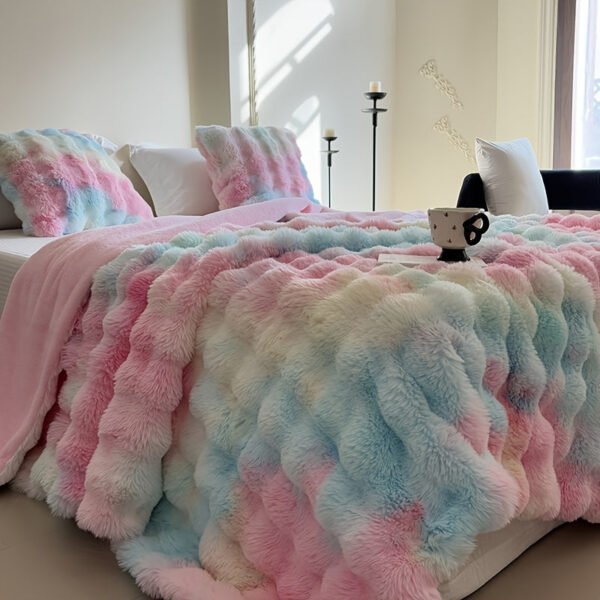 A Synthetic Rabbit Fur Blanket, Featuring Tie Dye Colors And Soft, Warm Bubble Fleece, Suitable For Bedrooms, Guest Rooms, Living Rooms, Student Dorms, Car Sofas, And Travel. This Versatile Blanket Is Perfect For All Seasons.
