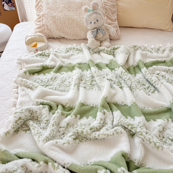 Double Color Jacquard Star Fleece Blanket With Pom Poms Soft Breathable All Season Bedspread, Geometric Pattern In Mixed Colors, Machine Washable Cottage Style Home Decor & Holiday Gift, Blanket For Bed, Cozy Bedroom Accessory