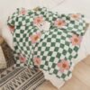 Half Fluffy Checkered Floral Blanket Soft Plush & Cozy All Season Throw For Sofa, Bed, Office Nap Green & White Grid With Pink Flowers Contemporary Home Decor, Throw Blanket For Couch
