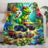 Cozy Dinosaur Truck Flannel Throw Blanket Versatile For All Seasons, Perfect For Naps & Car Use, Soft Polyester, Green