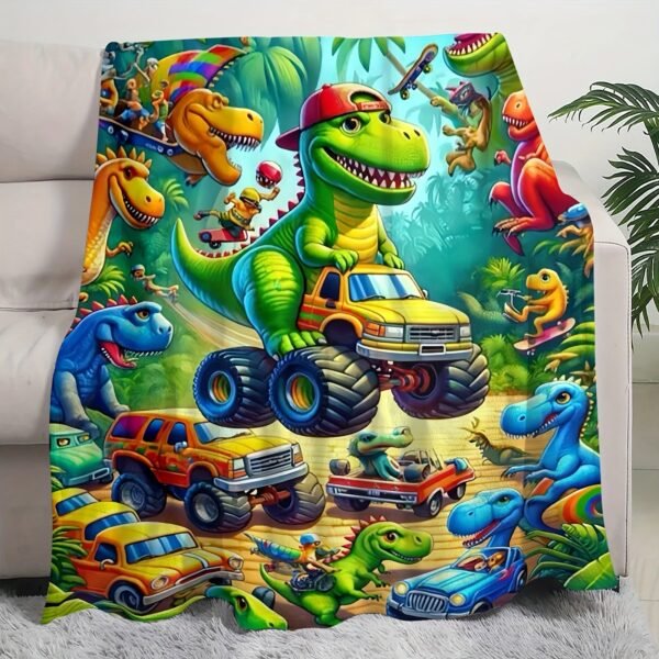 Cozy Dinosaur Truck Flannel Throw Blanket Versatile For All Seasons, Perfect For Naps & Car Use, Soft Polyester, Green