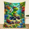 Cozy Dinosaur Truck Flannel Throw Blanket Versatile For All Seasons, Perfect For Naps & Car Use, Soft Polyester, Green