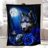 Contemporary Blue Wolf And Rose Floral Design Heavyweight Flannel Blanket Hand Wash Only, All Season Cozy Throw For Home Decor, Decorative Throw | Mystical Animal Theme | Detailed Craftsmanship, Cute Blanket