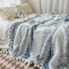 Double Color Jacquard Star Fleece Blanket With Pom Poms Soft Breathable All Season Bedspread, Geometric Pattern In Mixed Colors, Machine Washable Cottage Style Home Decor & Holiday Gift, Blanket For Bed, Cozy Bedroom Accessory
