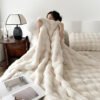 Double Layer Thickened Warm Vintage Faux Rabbit Fur Winter Luxury Throw Blanket, Shawl, Bed Blanket, Sofa Blanket, Outdoor Blanket For Office, Sofa, Bed, Outdoor Camping, Premium Gift