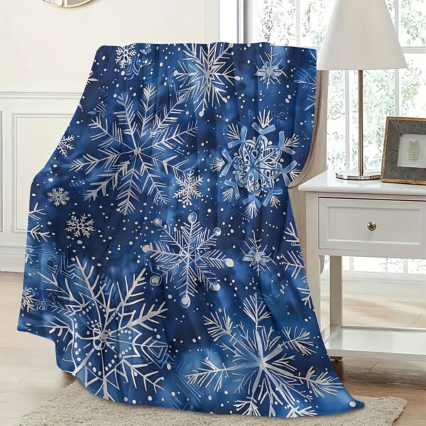 Blue Snowflake Pattern Flannel Blanket Soft Warm All Season Bedspread, Thick Cozy Bed Cover For Winter, Sofa & Bed, Contemporary Blue & White Snowflake Design, Durable Flannel Fabric, Fits Single Double Mattresses