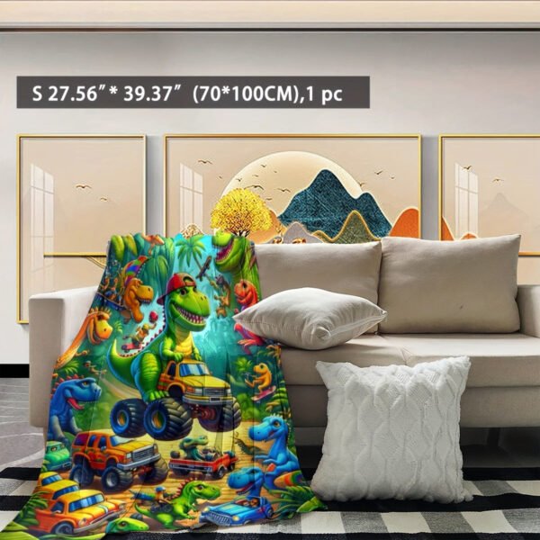 Cozy Dinosaur Truck Flannel Throw Blanket Versatile For All Seasons, Perfect For Naps & Car Use, Soft Polyester, Green