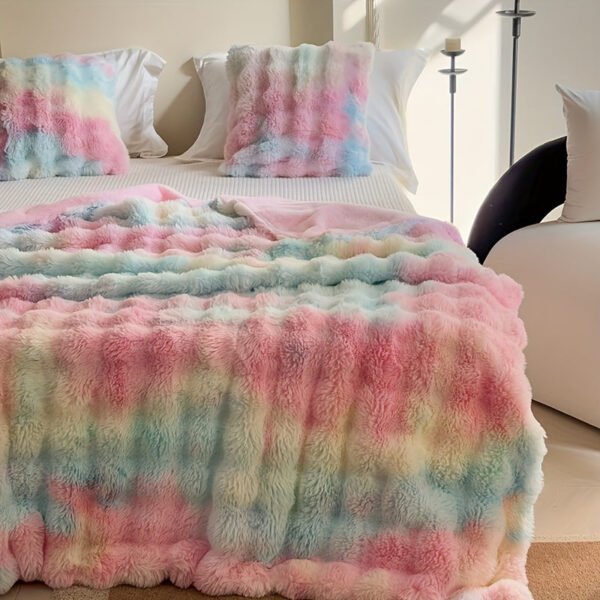 A Synthetic Rabbit Fur Blanket, Featuring Tie Dye Colors And Soft, Warm Bubble Fleece, Suitable For Bedrooms, Guest Rooms, Living Rooms, Student Dorms, Car Sofas, And Travel. This Versatile Blanket Is Perfect For All Seasons.