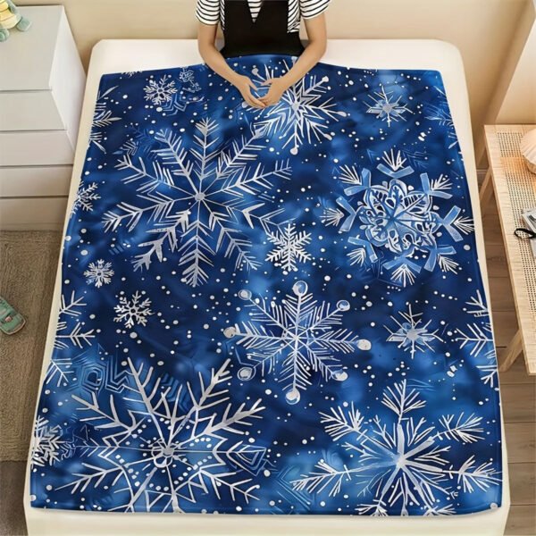 Blue Snowflake Pattern Flannel Blanket Soft Warm All Season Bedspread, Thick Cozy Bed Cover For Winter, Sofa & Bed, Contemporary Blue & White Snowflake Design, Durable Flannel Fabric, Fits Single Double Mattresses