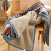 Nordic Bohemian Fleece Blanket Thickened Double Layer Warm Bedspread With Neutral Multicolor Stripes ( Nordic Color Palette) For Sofa, Bed, Couch & Camping All Season Cozy Bed Covering, Machine Washable