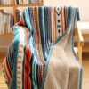 Nordic Bohemian Fleece Blanket Thickened Double Layer Warm Bedspread With Neutral Multicolor Stripes ( Nordic Color Palette) For Sofa, Bed, Couch & Camping All Season Cozy Bed Covering, Machine Washable