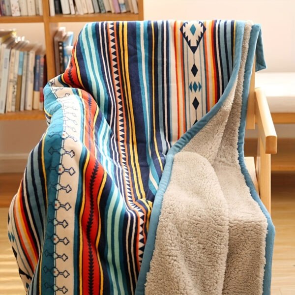 Nordic Bohemian Fleece Blanket Thickened Double Layer Warm Bedspread With Neutral Multicolor Stripes ( Nordic Color Palette) For Sofa, Bed, Couch & Camping All Season Cozy Bed Covering, Machine Washable