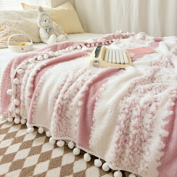 Double Color Jacquard Star Fleece Blanket With Pom Poms Soft Breathable All Season Bedspread, Geometric Pattern In Mixed Colors, Machine Washable Cottage Style Home Decor & Holiday Gift, Blanket For Bed, Cozy Bedroom Accessory