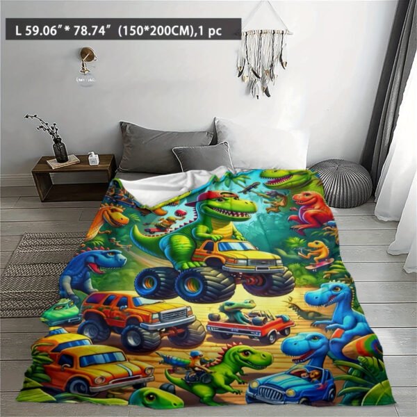 Cozy Dinosaur Truck Flannel Throw Blanket Versatile For All Seasons, Perfect For Naps & Car Use, Soft Polyester, Green