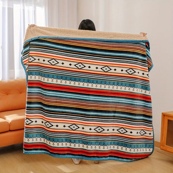 Nordic Bohemian Fleece Blanket Thickened Double Layer Warm Bedspread With Neutral Multicolor Stripes ( Nordic Color Palette) For Sofa, Bed, Couch & Camping All Season Cozy Bed Covering, Machine Washable